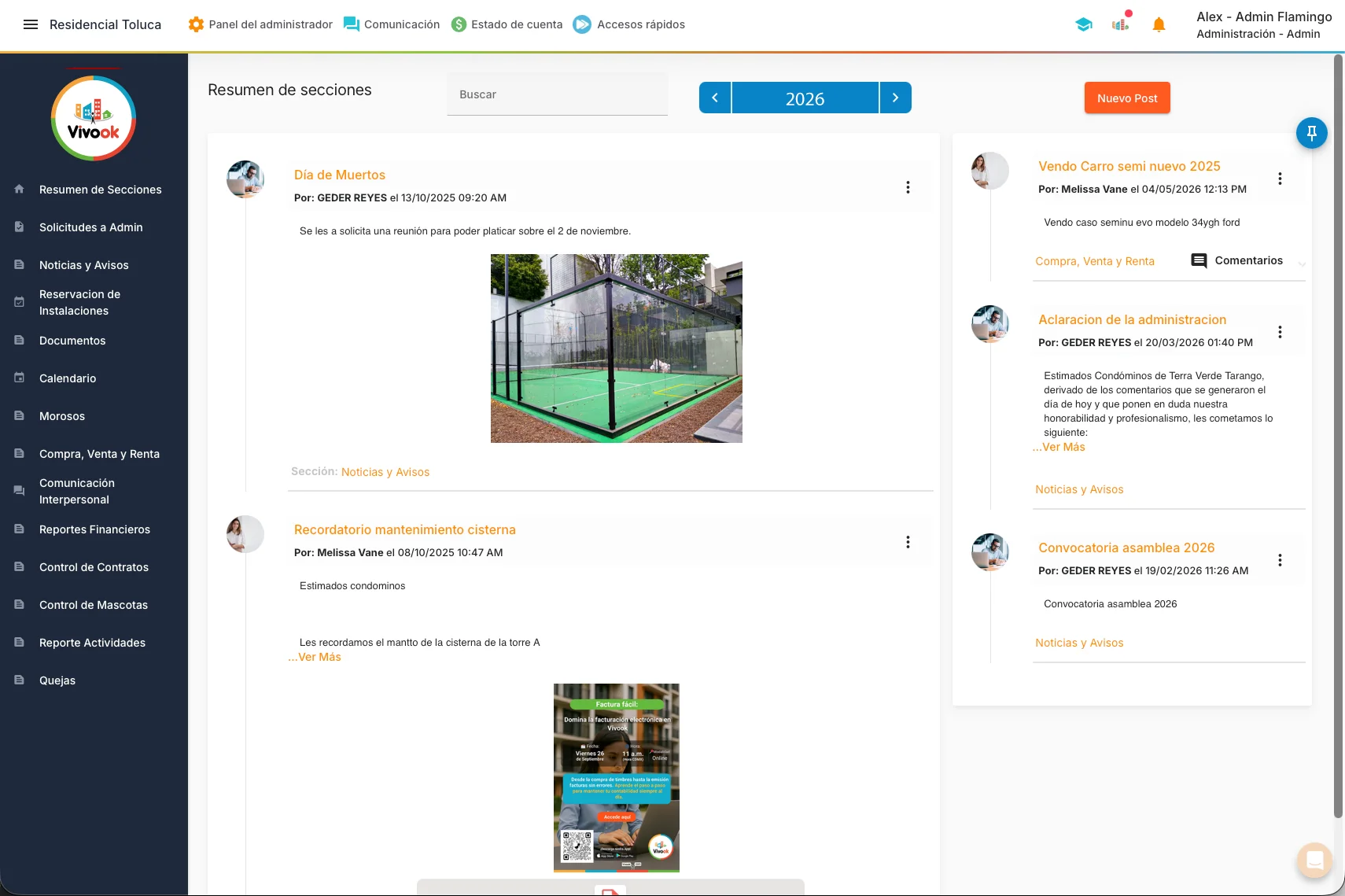 Dashboard de comunicación de Vivook
