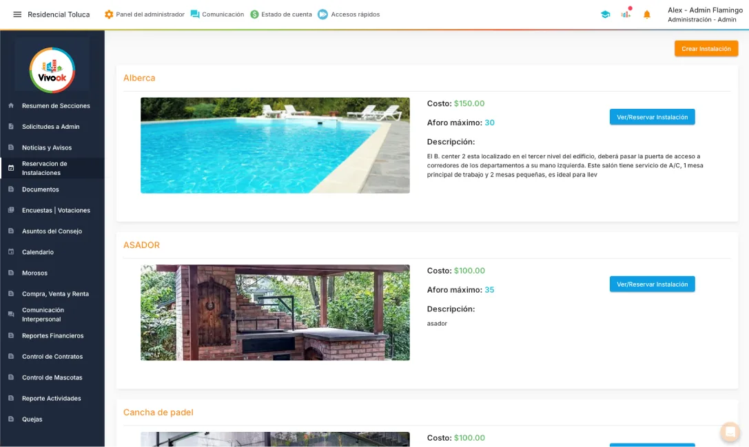 Reserva de instalaciones del condominio desde la app de Vivook